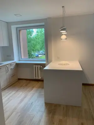 a kitchen with a white counter and a window at Alytus Apartament in Alytus