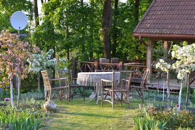 a group of chairs and a table in a garden at Sodyba Širvynė in Užpaliai