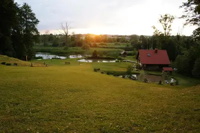 a house in a field with a pond and a barn at Sodyba Širvynė in Užpaliai