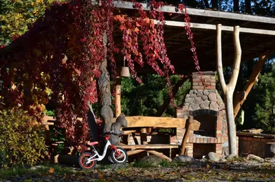 a bike parked next to a bench and a stone oven at Sodyba Širvynė in Užpaliai