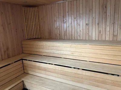 a wooden sauna with wooden floors and wooden walls at Paukoje Apartamentai in Ignalina