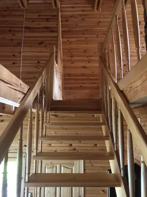 a wooden staircase in a building with wooden ceilings at Paukoje Apartamentai in Ignalina