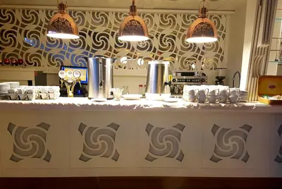 a kitchen with a counter top with silver appliances at KARPYNĖ Restaurant & Bed & Breakfast in Gabšiai