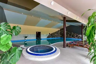 a large swimming pool with a blue swimming pool at KARPYNĖ Restaurant & Bed & Breakfast in Gabšiai