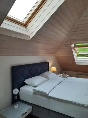 a bedroom with a large white bed with skylights at Lake & Library boutique Hotel in Ignalina