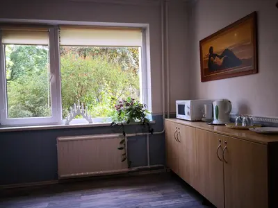 a kitchen with a microwave and a window at KAMBARIŲ nuoma Kaune - in Kaunas