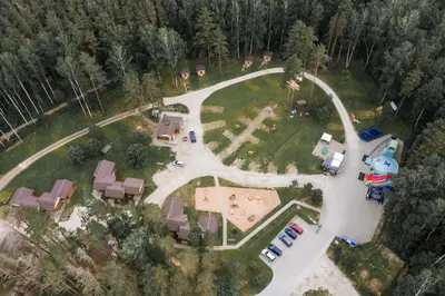 an aerial view of a park with a playground at Camping & Camper place Pasvalys in Pasvalys