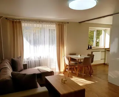 a living room with a couch and a table at Apartamentai Vilniaus Street II in Šiauliai