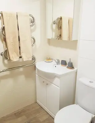 a bathroom with a sink and a toilet and a mirror at Apartamentai Vilniaus Street II in Šiauliai