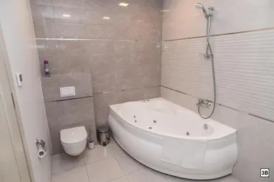 a bathroom with a bath tub and a toilet at Roof terrace apartment in Panevėžys