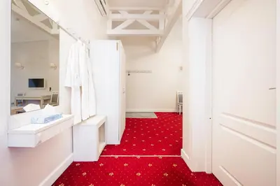 a bathroom with red carpet and a red floor at Art Hotel in Druskininkai
