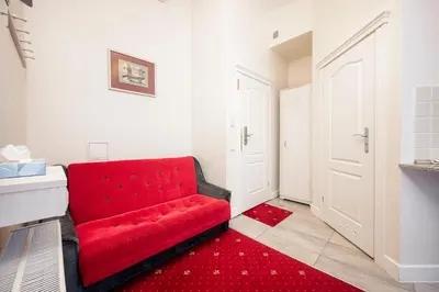 a red couch in a room with a red rug at Art Hotel in Druskininkai