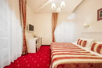 a hotel room with a bed and a desk at Art Hotel in Druskininkai