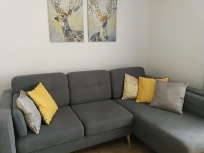 a living room with a couch with pillows at Vacation in druskininkai in Druskininkai