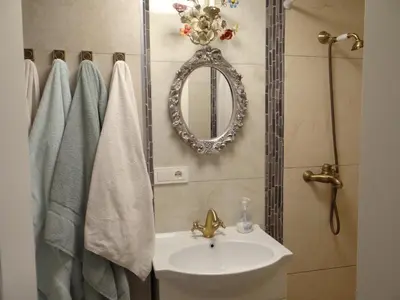 a bathroom with a sink and a mirror at Little Provence Home in Vilnius