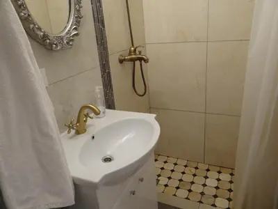 a bathroom with a sink and a mirror at Little Provence Home in Vilnius