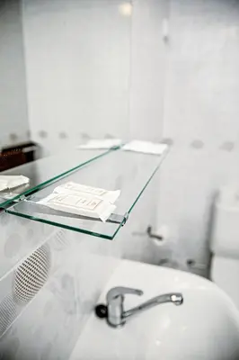 a glass counter top with a sink and a glass table at Everena Guest House in Rokiškis