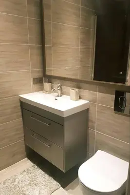 a bathroom with a sink and a toilet and a mirror at Antakalnis Apartment in Vilnius