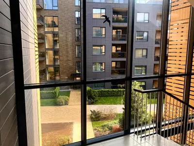 a view from a window of a building at Antakalnis Apartment in Vilnius