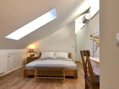 a bedroom with a bed and a skylight at COMFY Patogūs namai in Kaunas