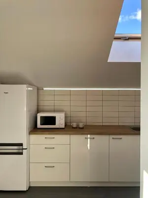 a kitchen with a white refrigerator and a microwave at COMFY Patogūs namai in Kaunas