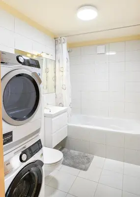 a washing machine in a bathroom with a toilet and a tub at Ona`s apartment in City Center with private parking in Kaunas