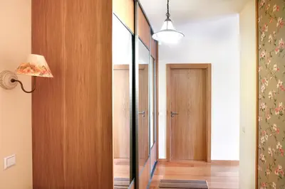 a hallway with a mirror and a door with a lamp at Ona`s apartment in City Center with private parking in Kaunas