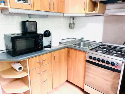 a small kitchen with a sink and a microwave at Comfy classic apartment in Trakai in Trakai