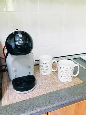 a toaster and two coffee cups on a kitchen counter at Comfy classic apartment in Trakai in Trakai