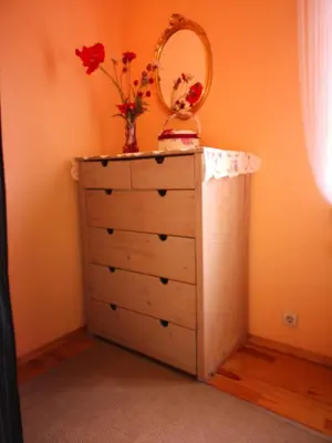 a dresser with a mirror and flowers on top of it at Vila Marta in Druskininkai