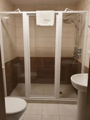 a shower in a bathroom with a toilet and a sink at Svetainė in Jonava