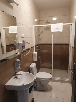 a bathroom with a toilet and a sink and a shower at Svetainė in Jonava