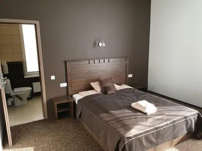 a bedroom with a bed and a bathroom with a toilet at Svetainė in Jonava