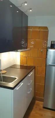 a kitchen with a counter top and a refrigerator at senamiescio deimantas in Vilnius