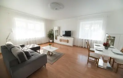 a living room with a couch and a table at Petro delux apartments center in Kaunas