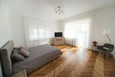 a bedroom with a bed and a television in it at Petro delux apartments center in Kaunas
