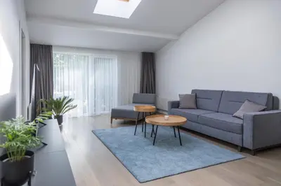 a living room with a couch and a table at Apartment Hotel Laisve in Druskininkai