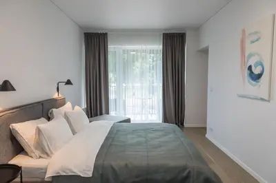 a bedroom with a large bed and a window at Apartment Hotel Laisve in Druskininkai