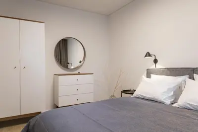 a bedroom with a bed with a mirror and a dresser at Apartment Hotel Laisve in Druskininkai