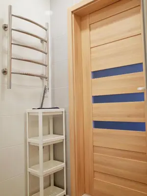 a bathroom with a wooden door and white shelves at Elzbietos centro apartamentai in Vilnius