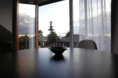a bowl on a table in front of a window at DP Art Residence - self check in in Kaunas