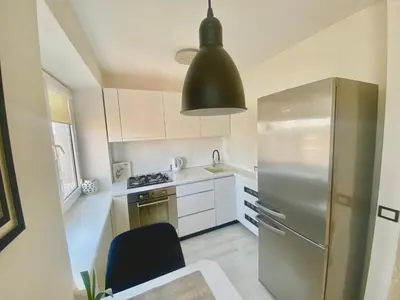 a kitchen with a stainless steel refrigerator and a black light at Trakų street Apartment in Šiauliai