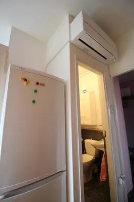 a white refrigerator in a room with a bathroom at Dangus in Ramučiai