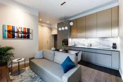 a living room with a couch and a kitchen at Laisves ave. Apartments in Kaunas