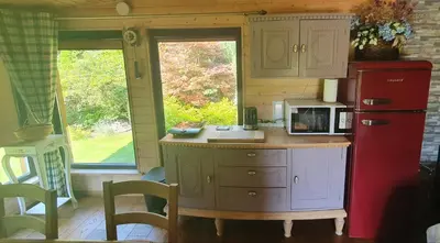 a kitchen with a red refrigerator and a table with a microwave at Sauna2relax in Šveicarija