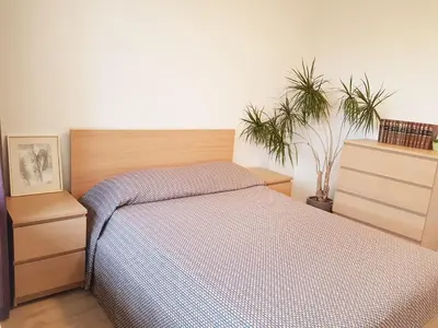 a bedroom with a bed with a blue comforter at New CITY CENTER apartments in Druskininkai