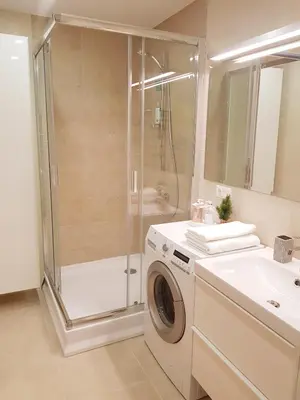 a bathroom with a shower and a washing machine at New CITY CENTER apartments in Druskininkai