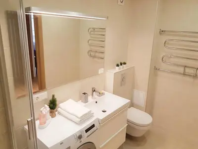 a bathroom with a sink and a toilet and a mirror at New CITY CENTER apartments in Druskininkai