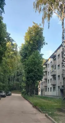 a parking lot in front of a building with trees at Raudondvario II in Kaunas