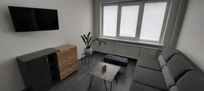 a living room with a couch and a tv at Kalniečiai park apartment in Kaunas